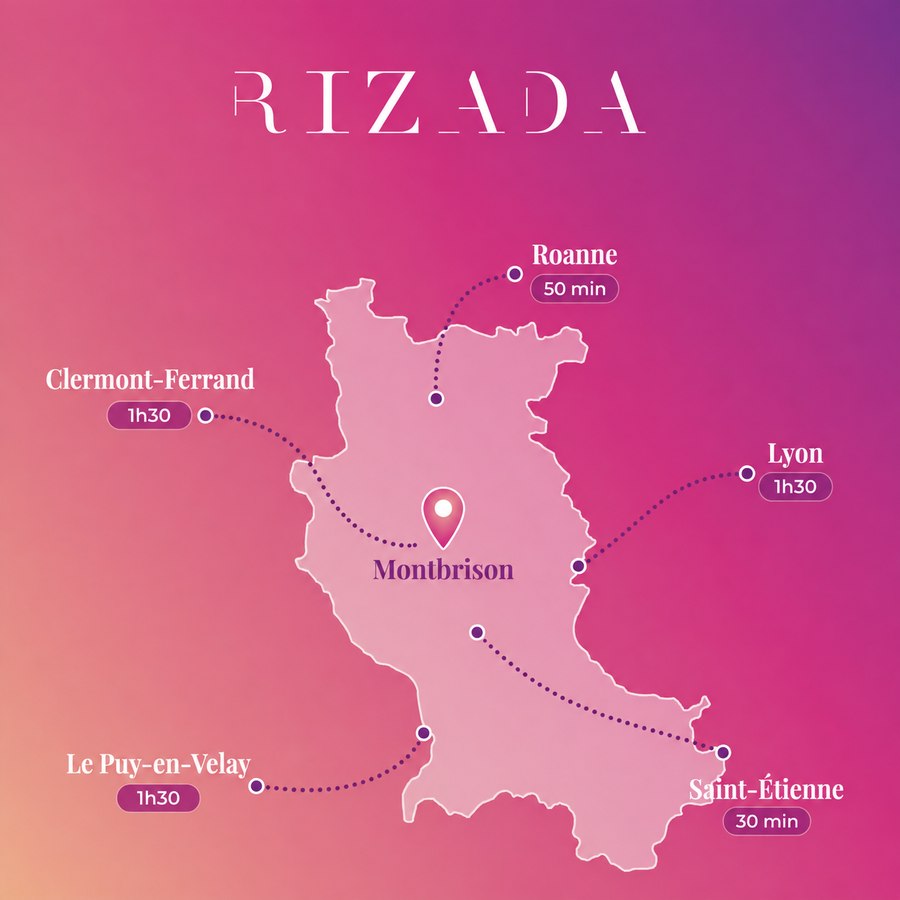 Carte de localisation de Rizada à Montbrison, avec distances depuis Lyon, Saint-Étienne, Roanne, Clermont-Ferrand et Le Puy-en-Velay